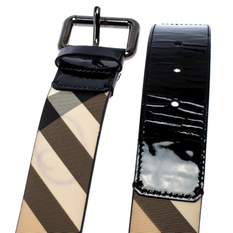 Pre Owned Burberry Black/Beige House Check Leather Buckle Belt 100CM