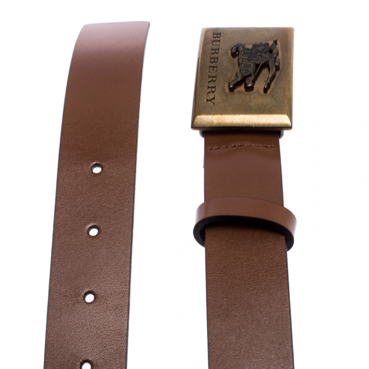 Pre Owned Burberry Brown Leather Logo Plague Belt 90CM