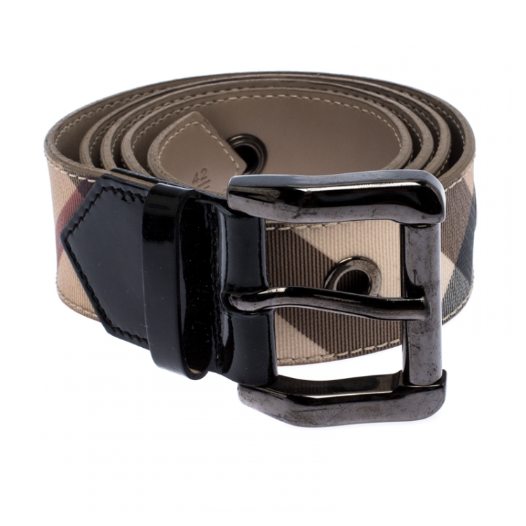 Pre Owned Burberry Beige/Black Nova Check Coated Canvas and Patent Leather Buckle Belt 105CM