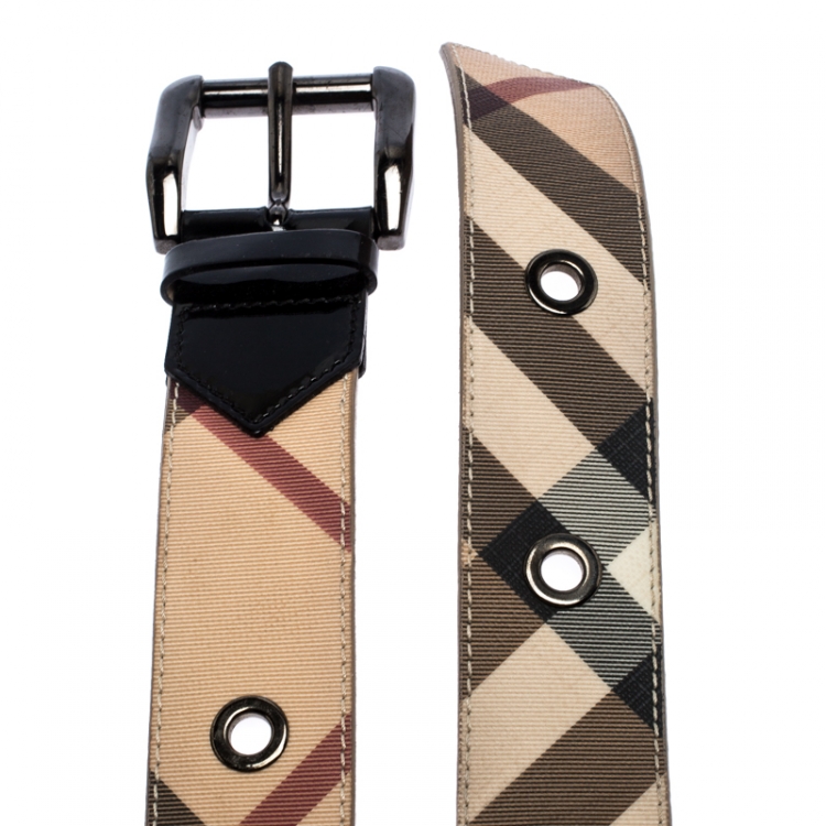 Pre Owned Burberry Beige/Black Nova Check Coated Canvas and Patent Leather Buckle Belt 105CM