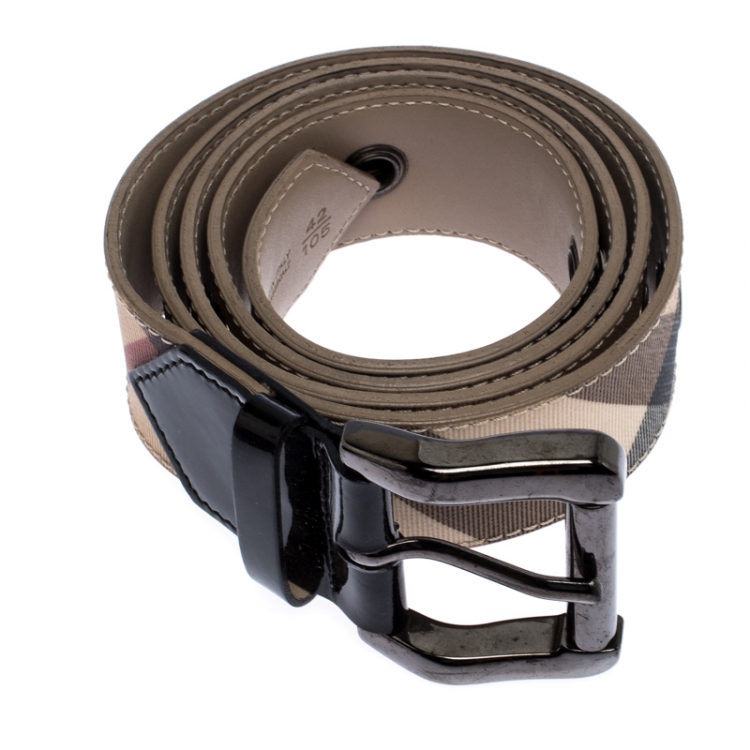 Pre Owned Burberry Beige/Black Nova Check Coated Canvas and Patent Leather Buckle Belt 105CM