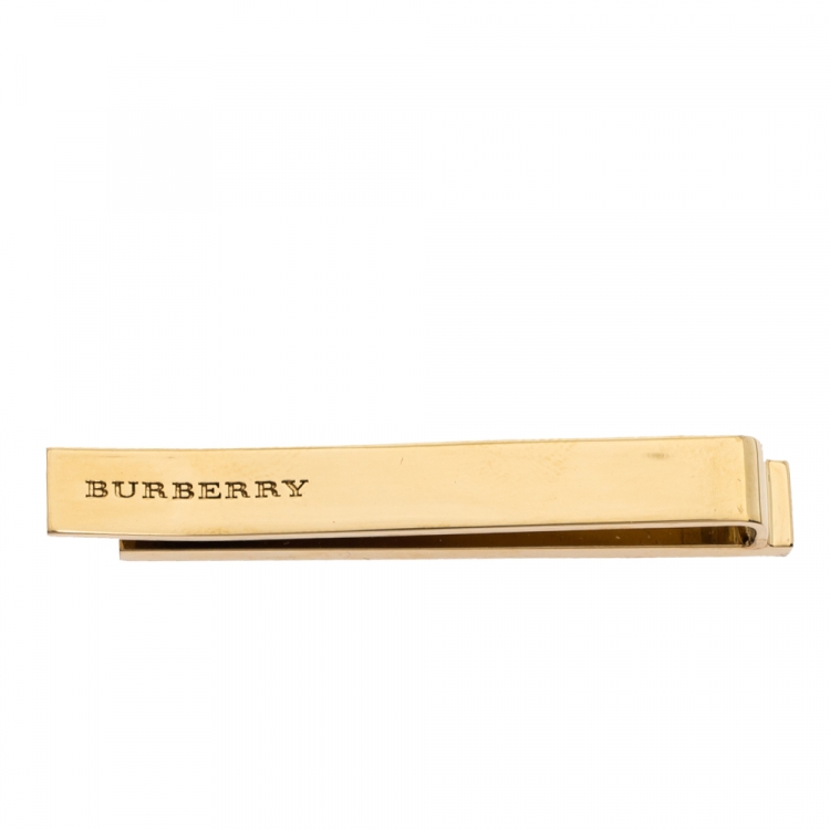 Pre Owned Burberry Check Engraved Gold Tone Tie Bar