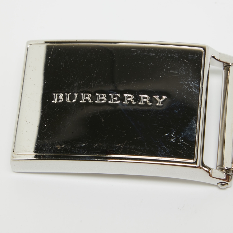 Pre Owned Burberry Black Smoked Check PVC and Leather Reversible Logo Buckle Plaque Belt 