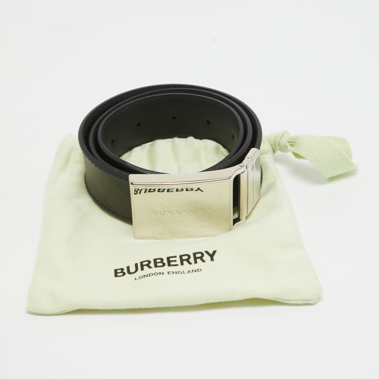 Pre Owned Burberry Black Smoked Check PVC and Leather Reversible Logo Buckle Plaque Belt 