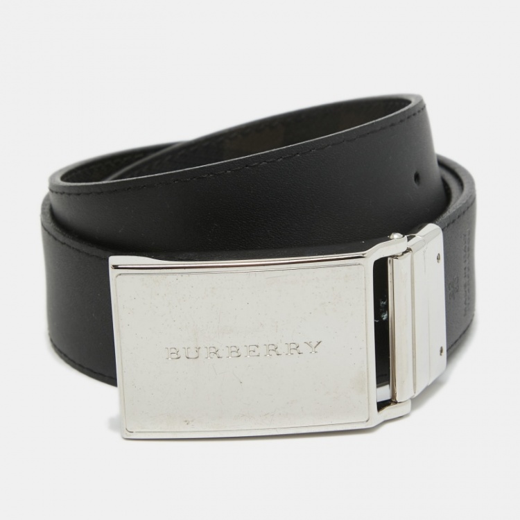 Pre Owned Burberry Black Smoked Check PVC and Leather Reversible Logo Buckle Plaque Belt 