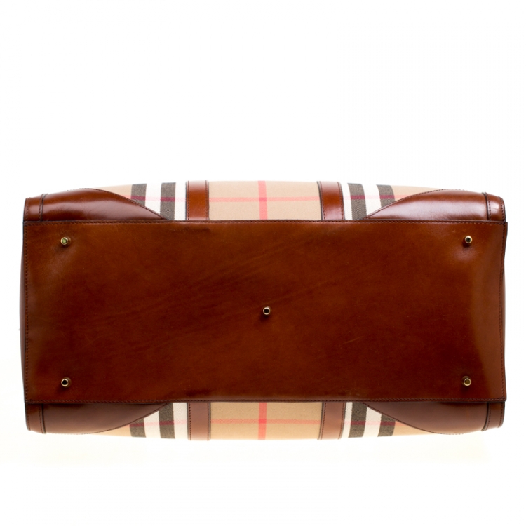Pre Owned Burberry Brown House Check Fabric Bridle Duffle Bag 
