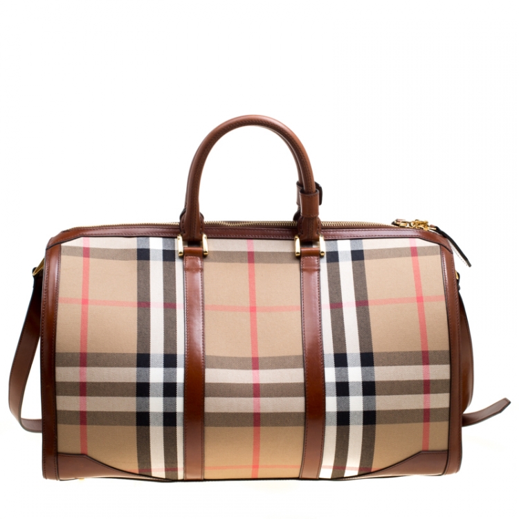 Pre Owned Burberry Brown House Check Fabric Bridle Duffle Bag 