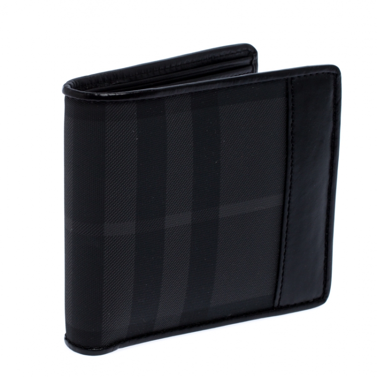 Pre Owned Burberry Black Beat Check Coated Canvas and Leather Bifold Wallet