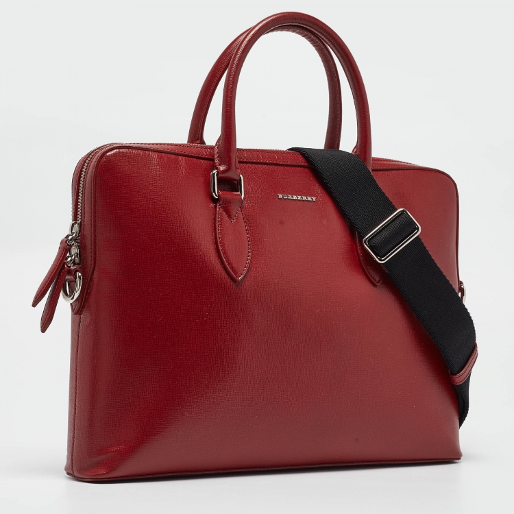 Pre Owned Burberry Red/Black Leather Hambleton Briefcase Bag