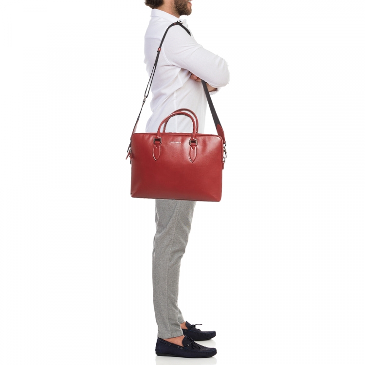 Pre Owned Burberry Red/Black Leather Hambleton Briefcase Bag