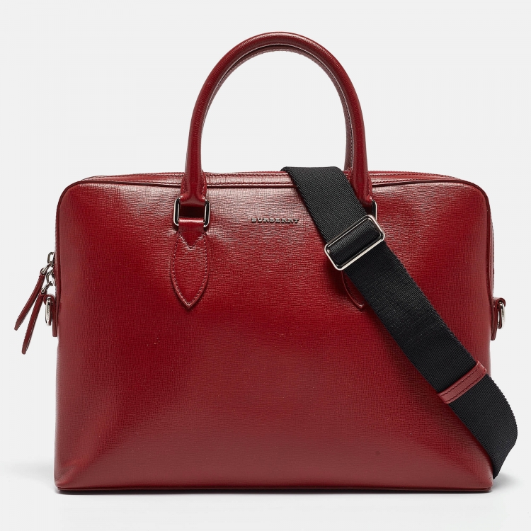 Pre Owned Burberry Red/Black Leather Hambleton Briefcase Bag