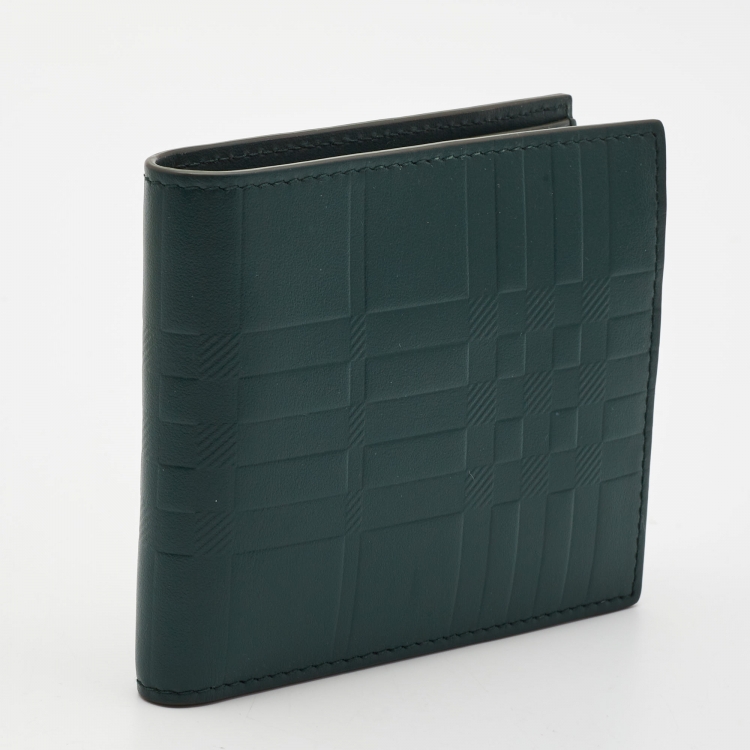 Pre Owned Burberry Green Embossed Check Leather CC Bill8 Wallet