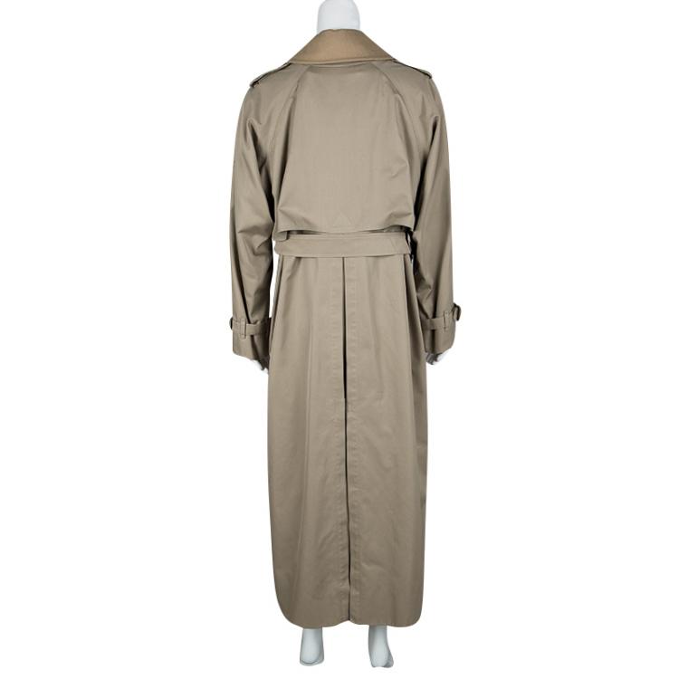 Pre Owned Burberry Vintage Beige Wool Collar Detail Double Breasted Extra Long Belted Trench Coat S