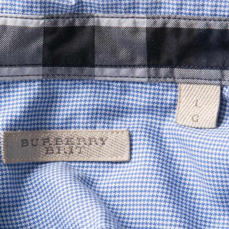 Pre Owned Burberry Brit Blue and White Houndstooth Pattern Long Sleeve Button Down Shirt L