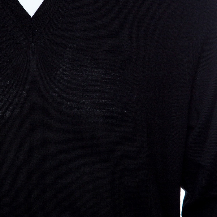 Pre Owned Burberry London Black Merino Wool Ribbed Trim V-Neck Sweater L