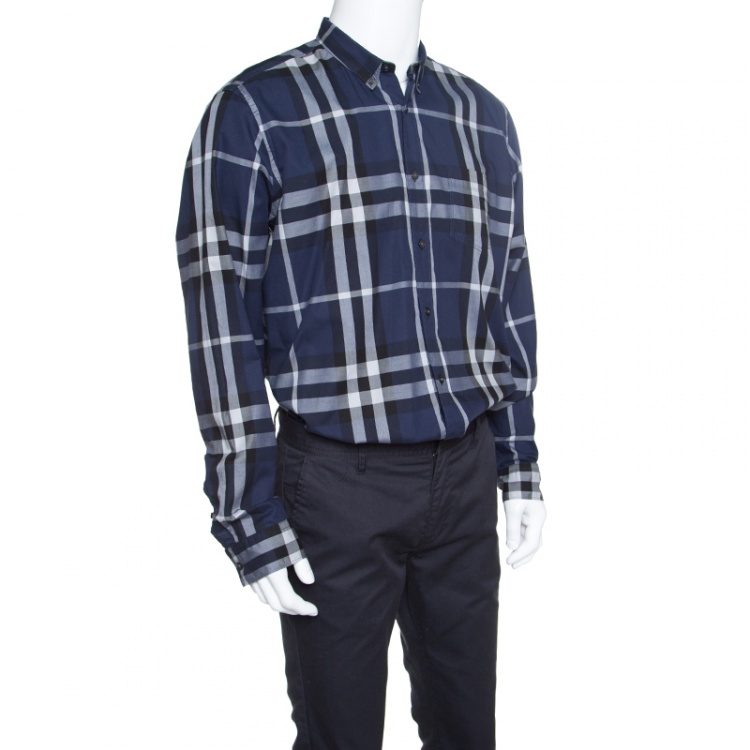 Burberry Brit Blue Checked Cotton Long Sleeve Button Down Shirt XXL Burberry  | TLC