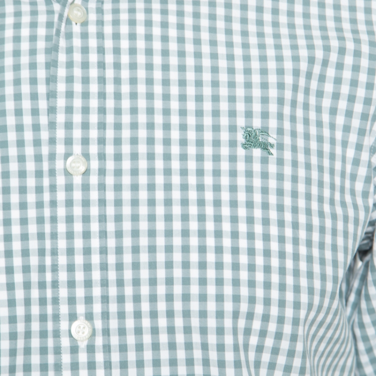 Pre Owned Burberry Green and White Gingham Checked Novacheck Trim Detail Logo Embroidered Shirt M
