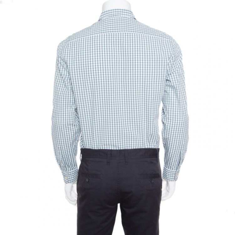 Pre Owned Burberry Green and White Gingham Checked Novacheck Trim Detail Logo Embroidered Shirt M