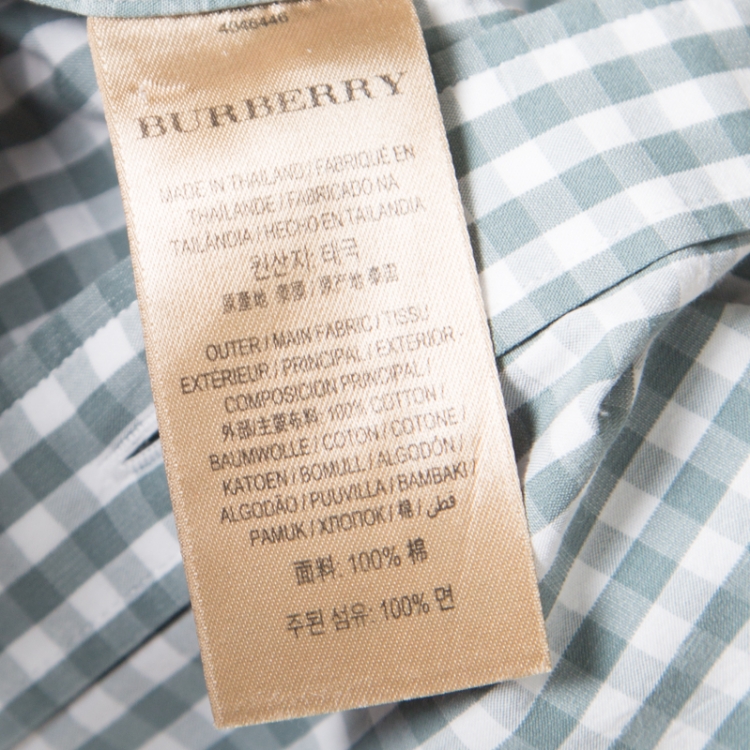 Pre Owned Burberry Green and White Gingham Checked Novacheck Trim Detail Logo Embroidered Shirt M
