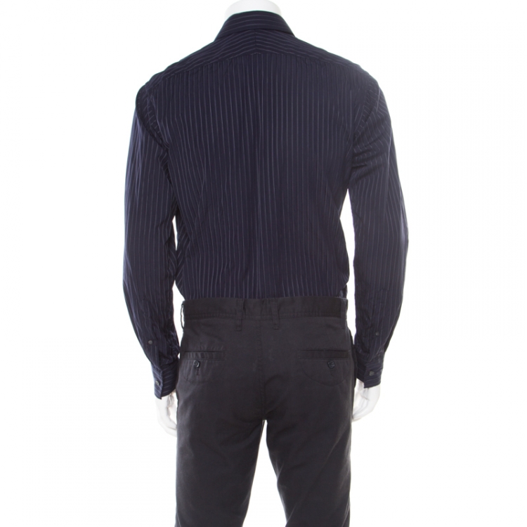 Pre Owned Burberry London Navy Blue Pinstriped Cotton Long Sleeve Button Front Shirt S