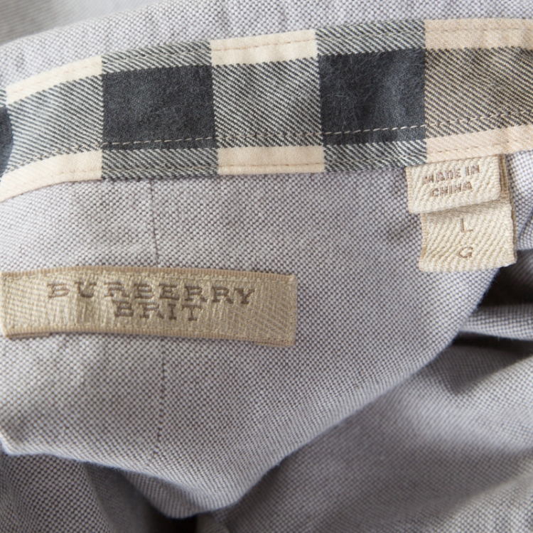 Pre Owned Burberry Brit Grey Cotton Logo Embroidered Long Sleeve Reagan Shirt L