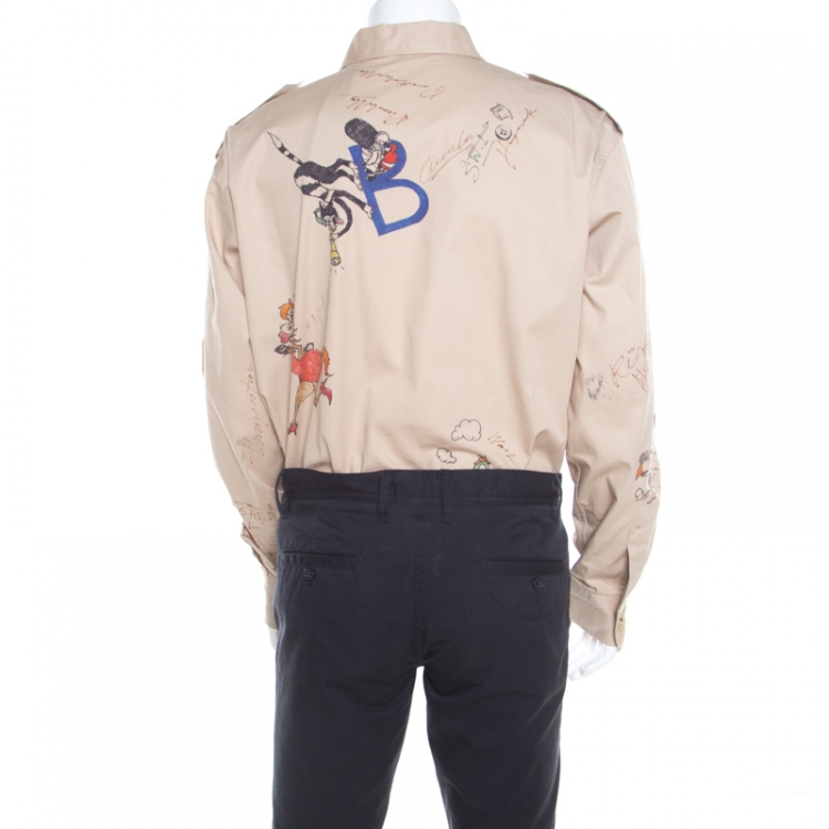 Pre Owned Burberry Sand Brown Sketch Printed Cotton Batson Army Shirt XXL