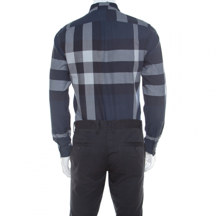 Pre Owned Burberry Brit Navy Blue Checked Cotton Long Sleeve Button Down Shirt S