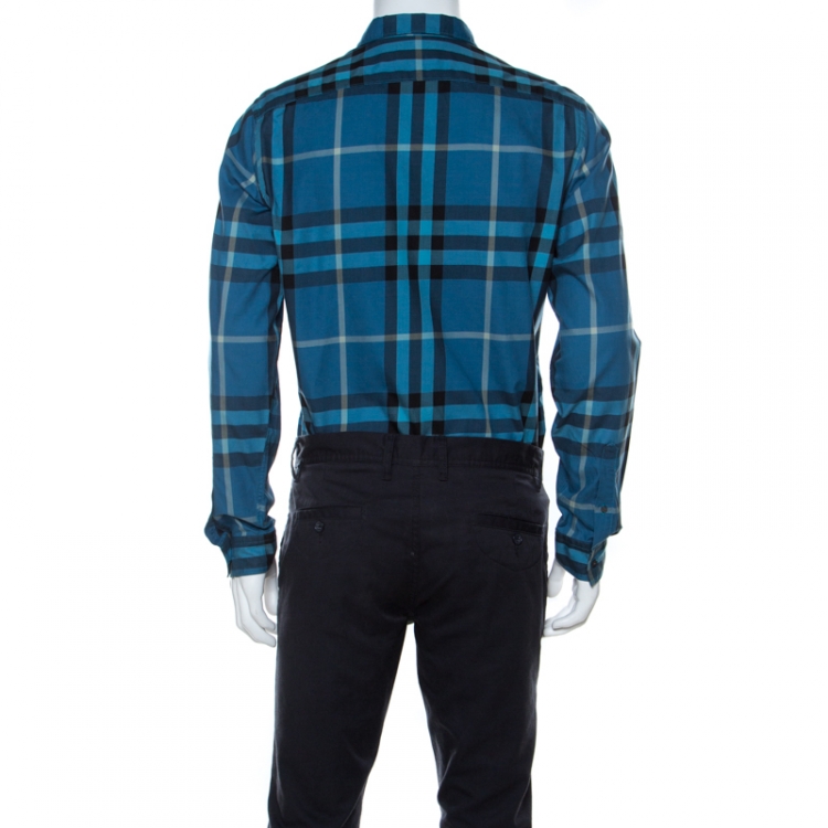 Pre Owned Burberry Brit Blue Checked Cotton Full Sleeve Button Down Shirt M