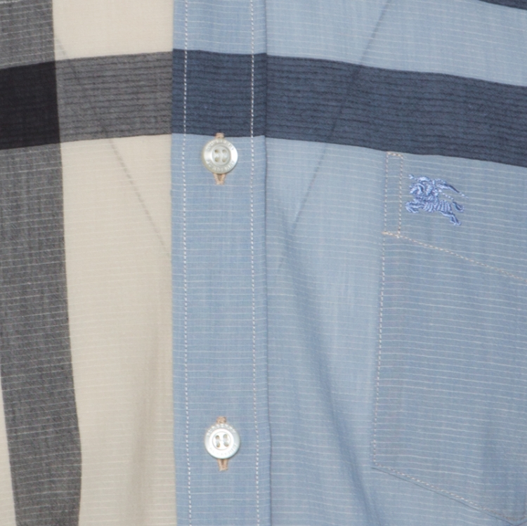 Pre Owned Burberry Light Blue & Beige Nova Check Linen Blend Shirt L