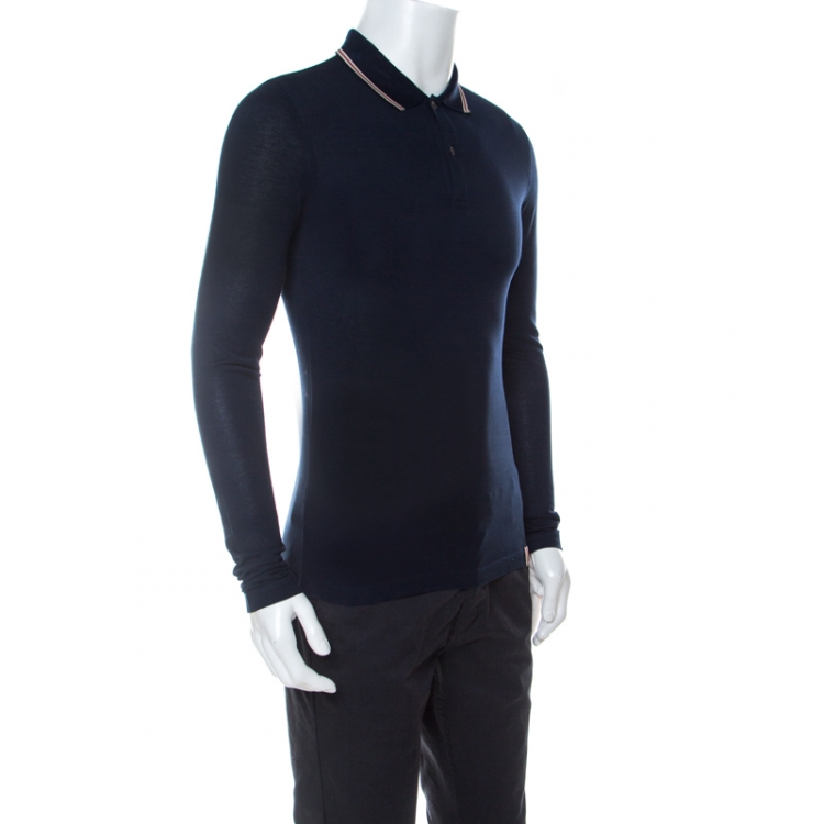 Burberry London Navy Blue Pique Knit Cotton Long Sleeve Polo T-Shirt S  Burberry | TLC