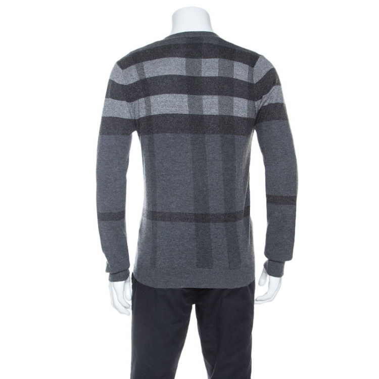 Pre Owned Burberry Grey Checked Cashmere Silk Blend Cardigan S