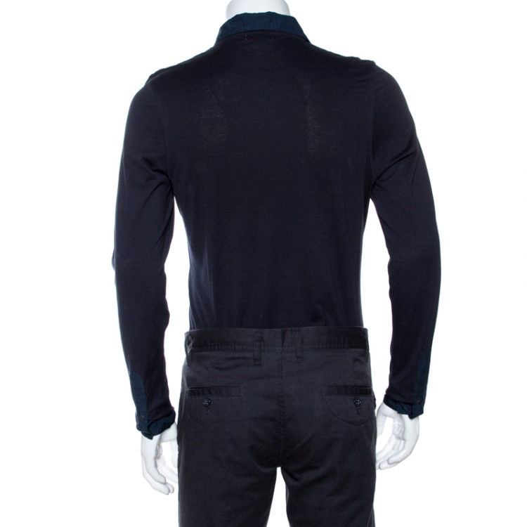 Pre Owned Burberry Navy Blue Knit Pintucked Half Placket Slim Fit Shirt M