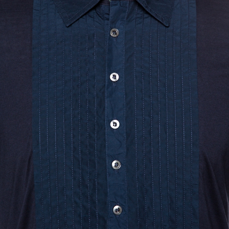 Pre Owned Burberry Navy Blue Knit Pintucked Half Placket Slim Fit Shirt M