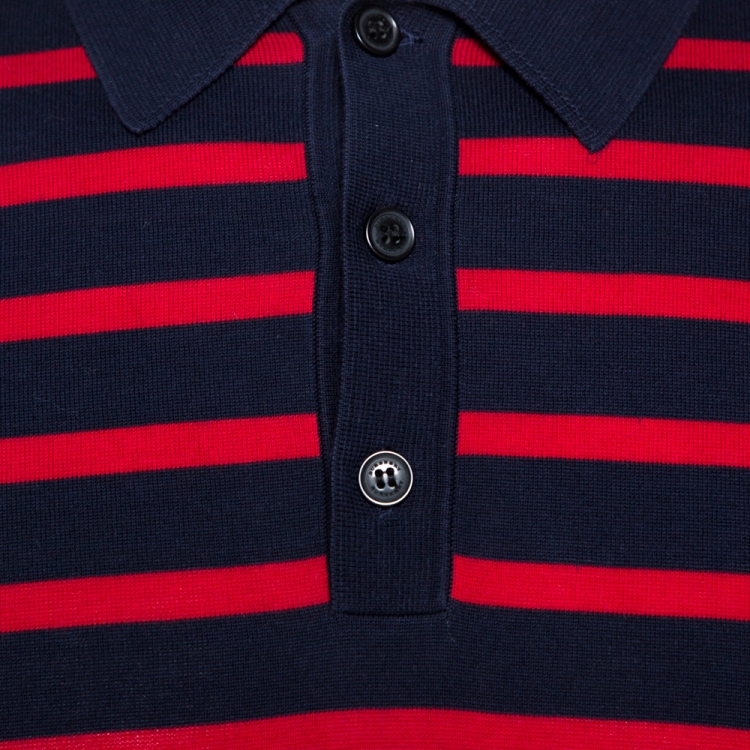 Pre Owned Burberry Navy Blue & Red Striped Cotton Polo T-Shirt XL