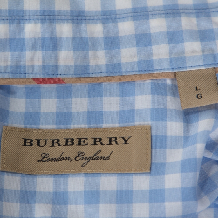Pre Owned Burberry Light Blue & White Gingham Check Cotton Long Sleeve Shirt L