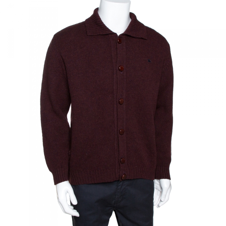 Pre Owned Burberry Burgundy Wool Button Front Cardigan L
