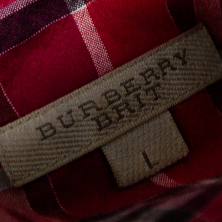 Pre Owned Burberry Brit Red Novacheck Cotton Long Sleeve Button Front Shirt L
