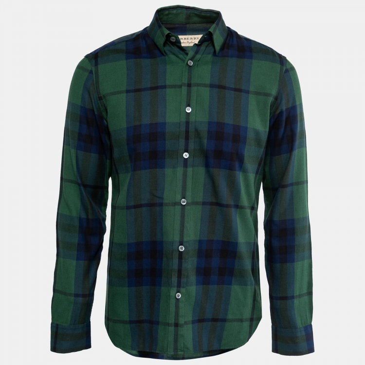 Pre Owned Burberry Green Checked Cotton & Cashmere Shirt M