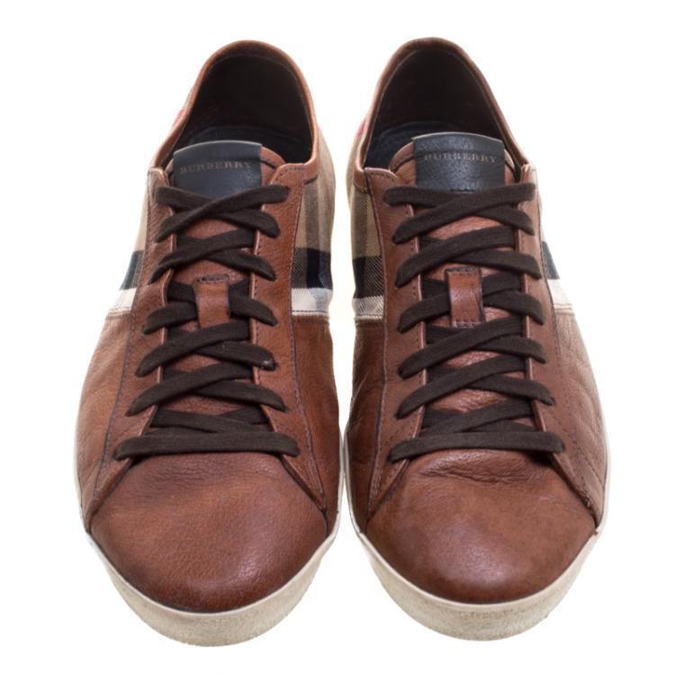 Pre Owned Burberry Brown House Check Fabric and Leather Sneakers Size 44