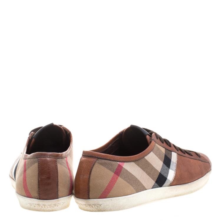 Pre Owned Burberry Brown House Check Fabric and Leather Sneakers Size 44