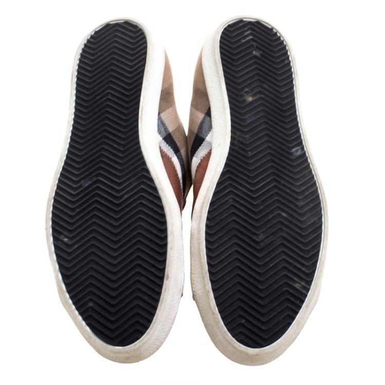 Pre Owned Burberry Brown House Check Fabric and Leather Sneakers Size 44