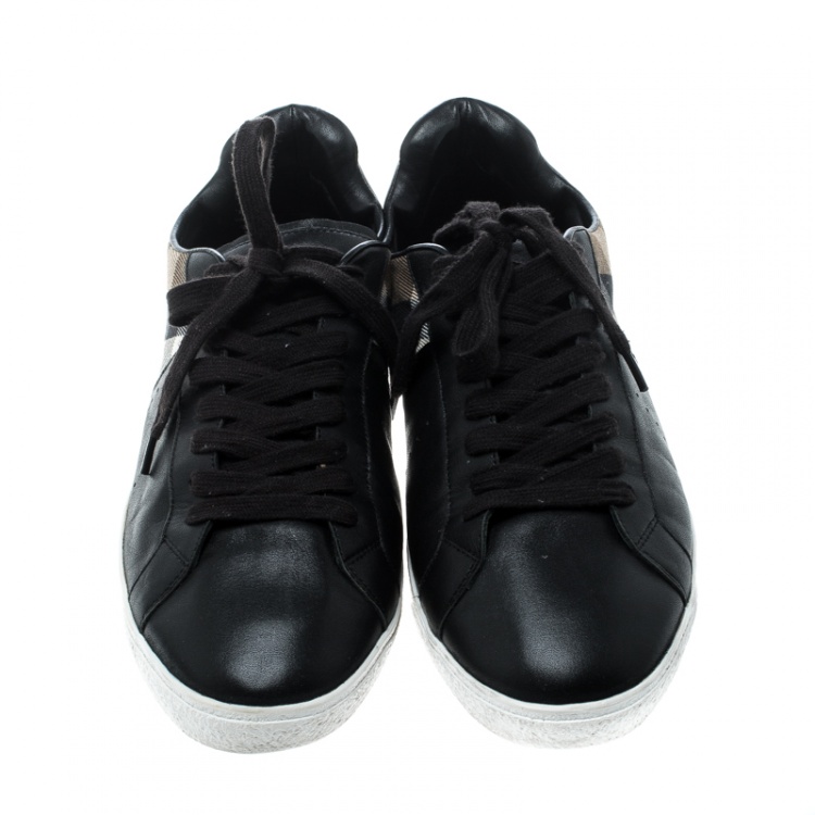 Pre Owned Burberry Black/Beige Leather and House Check Fabric Sneakers Size 45