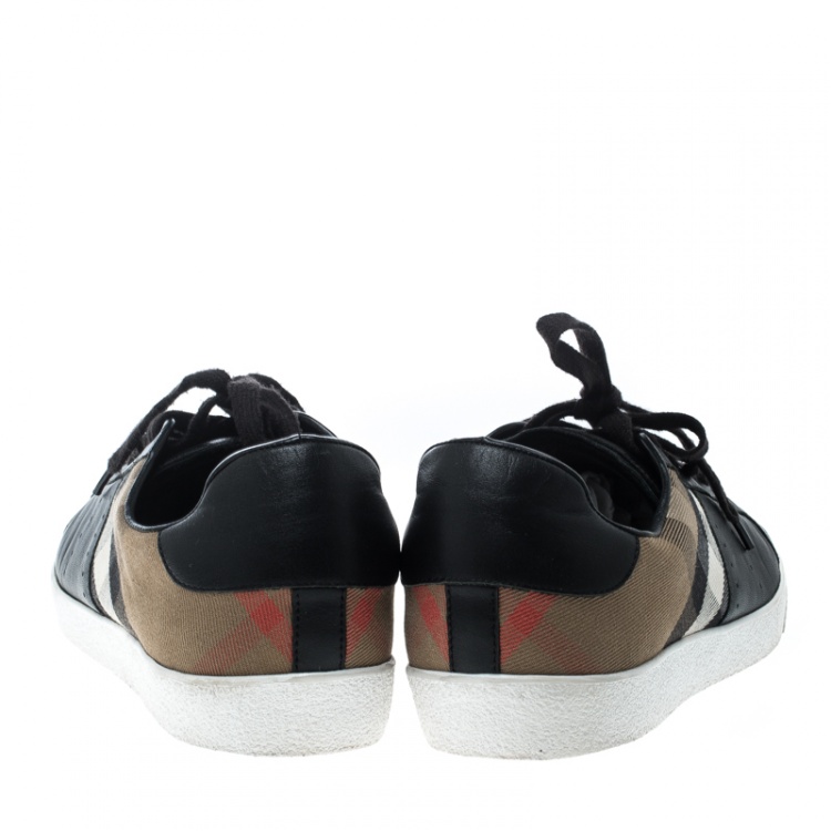 Pre Owned Burberry Black/Beige Leather and House Check Fabric Sneakers Size 45