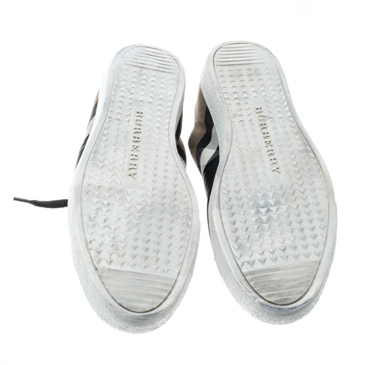 Pre Owned Burberry Black/Beige Leather and House Check Fabric Sneakers Size 45