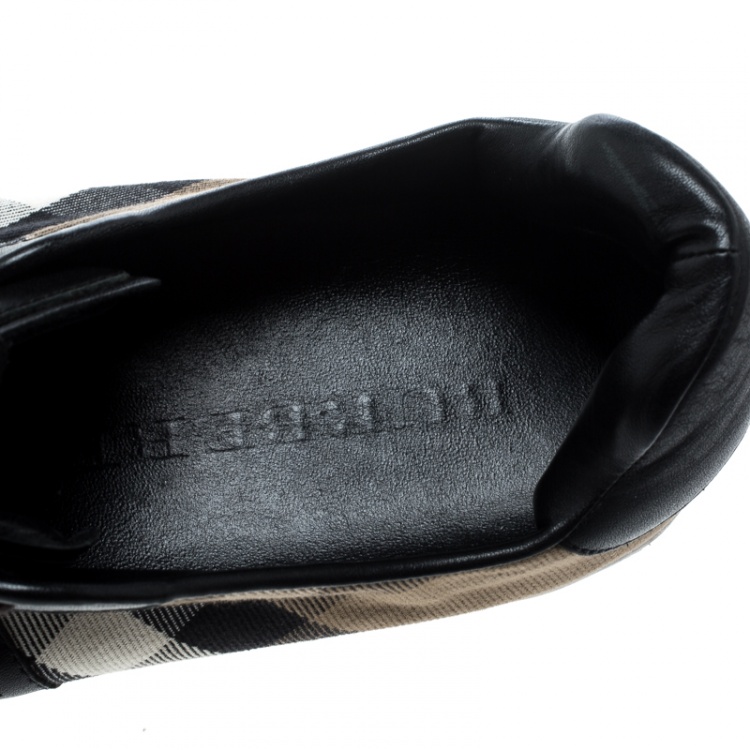 Pre Owned Burberry Black/Beige Leather and House Check Fabric Sneakers Size 45