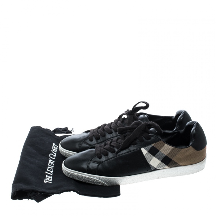 Pre Owned Burberry Black/Beige Leather and House Check Fabric Sneakers Size 45