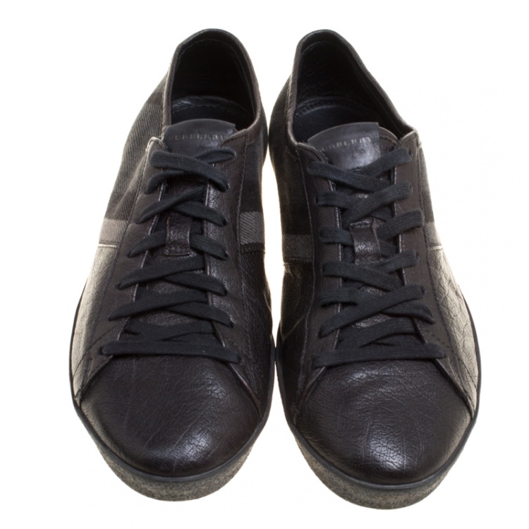 Pre Owned Burberry Black/Dark Green Leather and Check Canvas Sneakers Size 43
