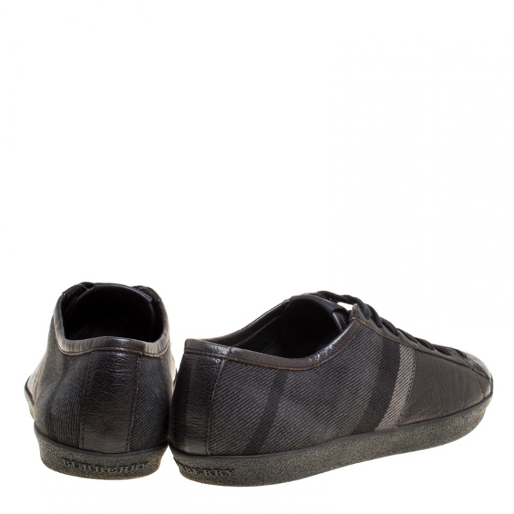 Pre Owned Burberry Black/Dark Green Leather and Check Canvas Sneakers Size 43