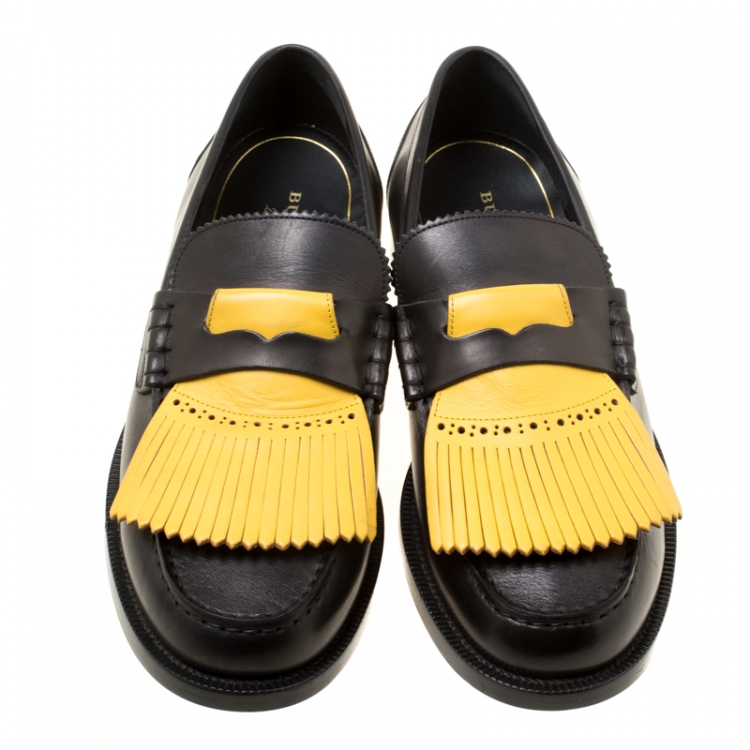 Pre Owned Burberry Black/Yellow Leather Bedmoore Fringe Detail Penny Loafers Size 45