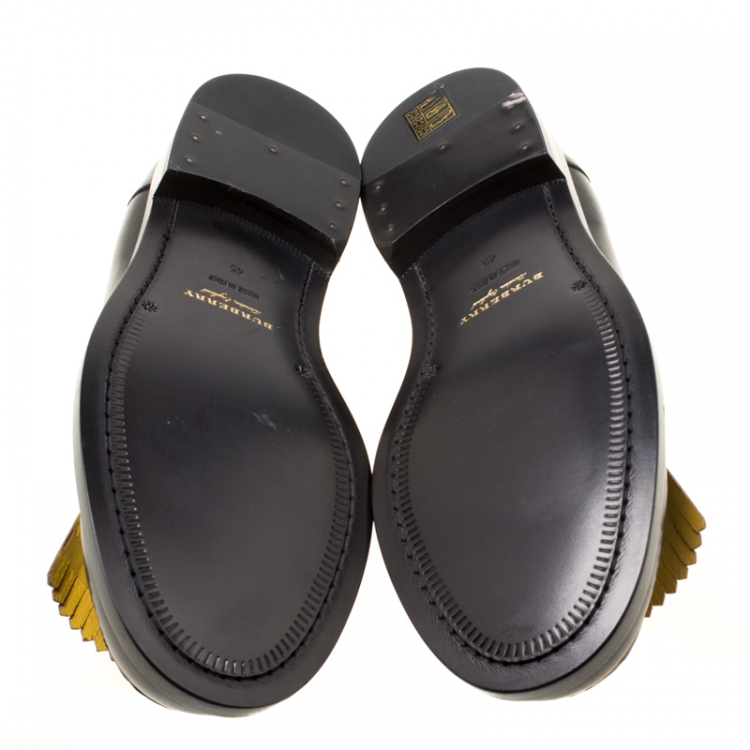 Pre Owned Burberry Black/Yellow Leather Bedmoore Fringe Detail Penny Loafers Size 45